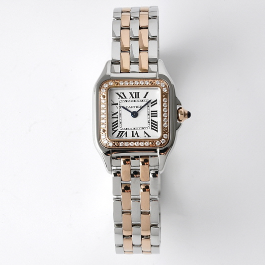 CARTIER 까르띠에 팬더 드 브릴리언트 컷 다이아몬드 핑크골드 스틸 케이스 화이트 다이얼 쿼츠 메탈 시계 W3PN0006