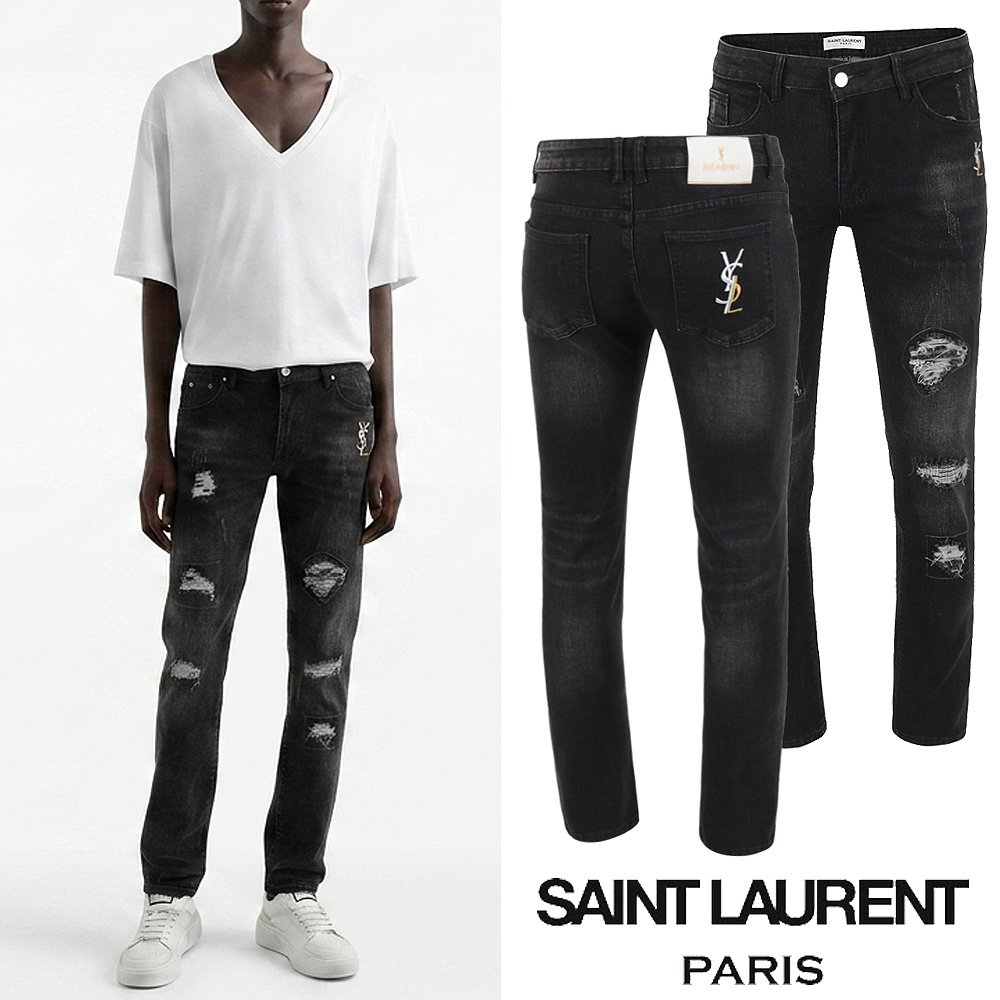 ●월간 판매 19위● SAINT LAURENT 생로랑 레터링 골드자수 데미지 블랙 슬림진