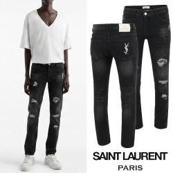 ●월간 판매 19위● SAINT LAURENT 생로랑 레터링 골드자수 데미지 블랙 슬림진