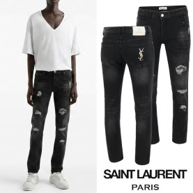 ●월간 판매 19위● SAINT LAURENT 생로랑 레터링 골드자수 데미지 블랙 슬림진
