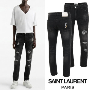 ●월간 판매 19위● SAINT LAURENT 생로랑 레터링 골드자수 데미지 블랙 슬림진